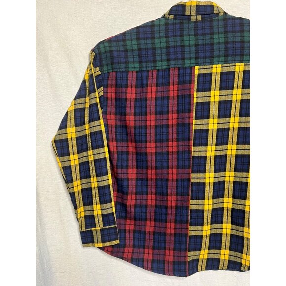 Mens Patchwork Plaid Button-Up Shirt Multicolor Design Long Sleeve XL flaw - Picture 9 of 16